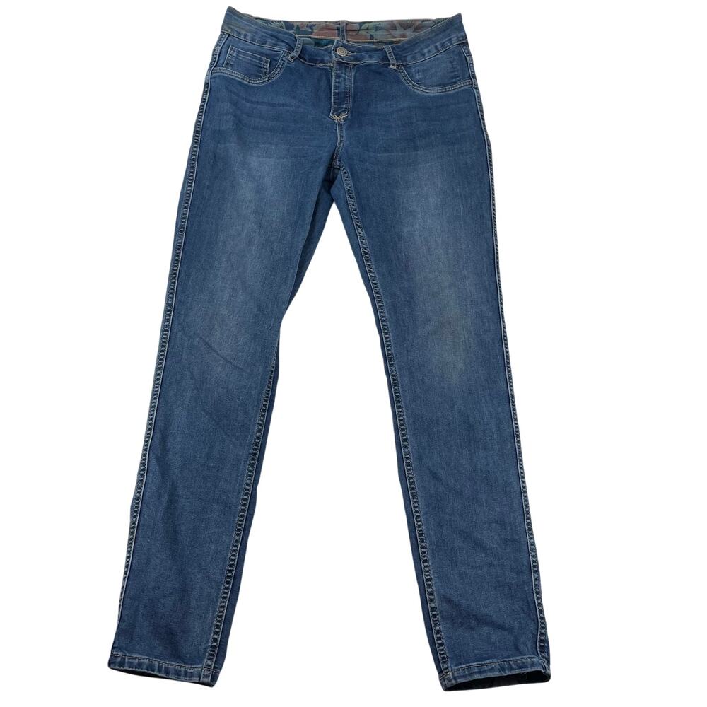 Onado Floral Reversible Skinny Jeans Blue Denim Mid Rise Stretch Women's Size M